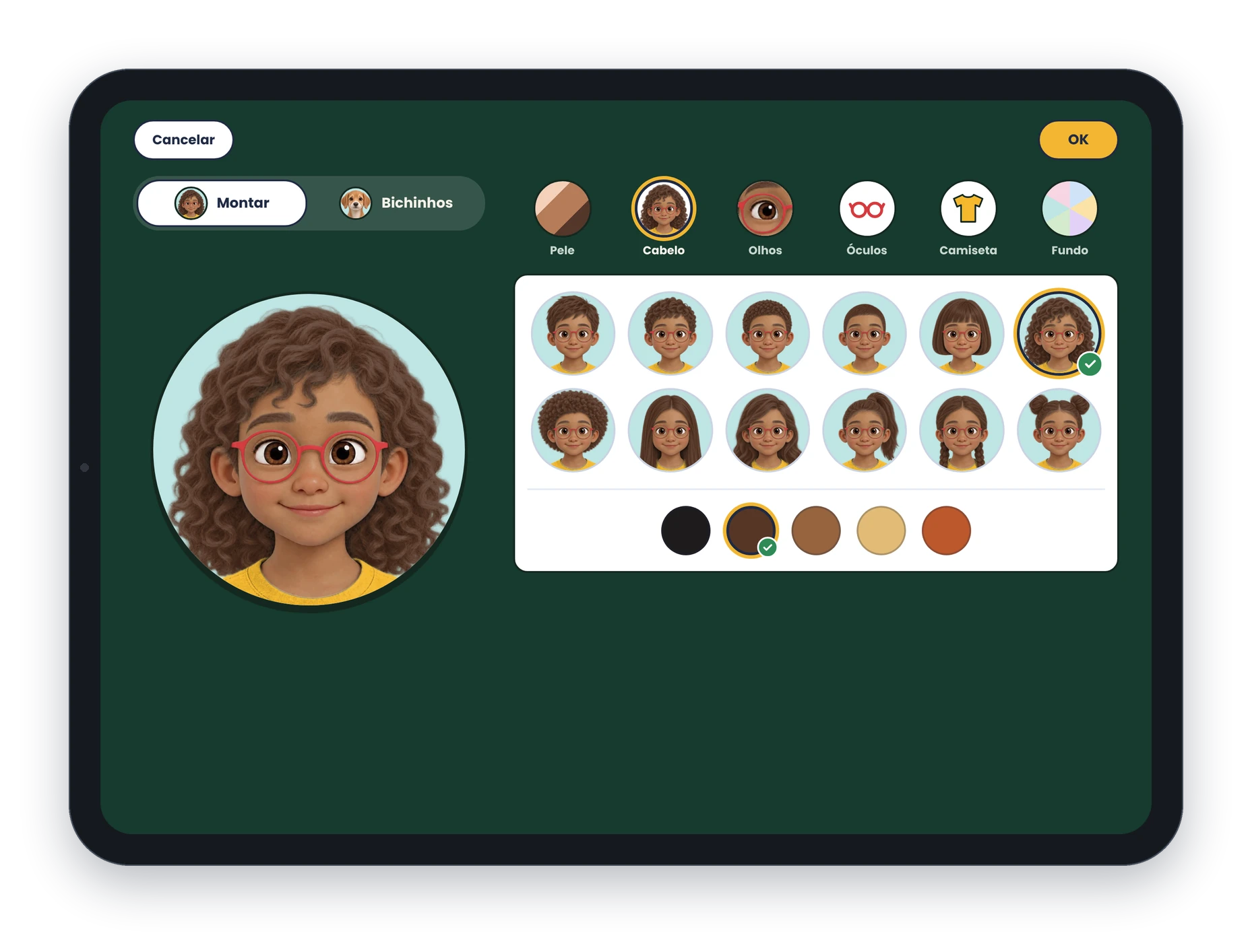 Editor de avatar do app, com as opções de cabelo.