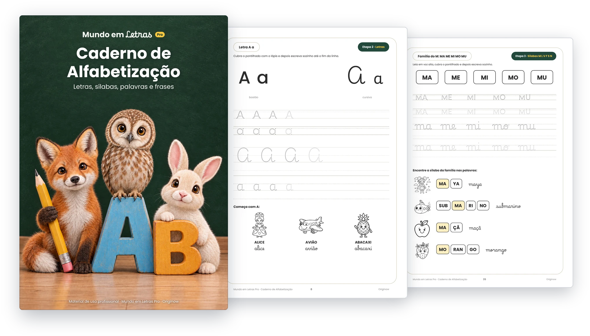 Capa e duas páginas do Caderno de Alfabetização.